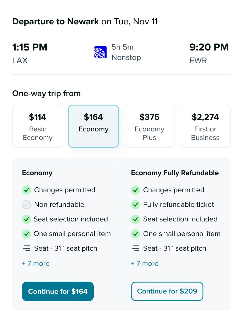 Flight booking page showing a one-way trip from LAX to EWR, with prices ranging from $114 for Basic Economy to $2,474 for First Class, and details on included benefits for each ticket type