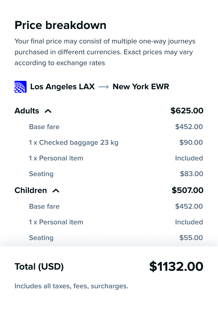 Flight price breakdown from Los Angeles LAX to New York EWR, detailing adult and child fares, baggage, seating, and a total of $1,132 USD including taxes and fees