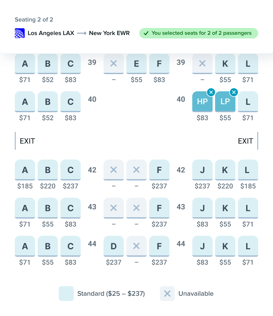 Flight booking page showing a one-way trip from LAX to EWR, with prices ranging from $114 for Basic Economy to $2,474 for First Class, and details on included benefits for each ticket type