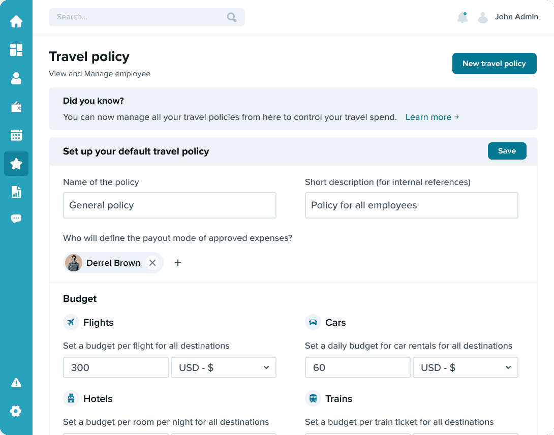 Travel policy management dashboard for setting default policies, budgets for flights, hotels, cars, and trains, and adding approval processes for employee travel