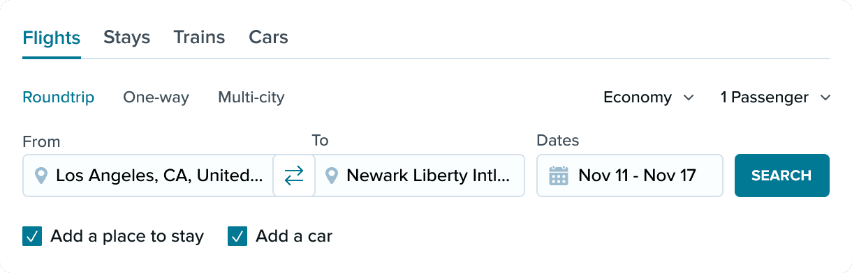 Travel booking search interface with options for flights, stays, and car rentals, including a flight search from Los Angeles to Newark and booking options for The Plaza Hotel and a Compact SUV