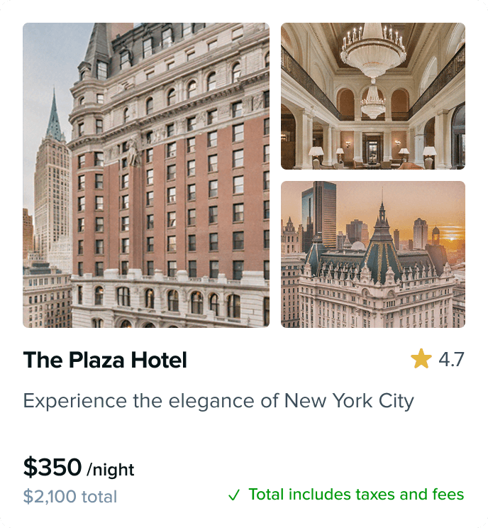 The Plaza Hotel booking section with images, pricing details, and a rating of 4.7 stars, alongside the option to add it to a travel booking