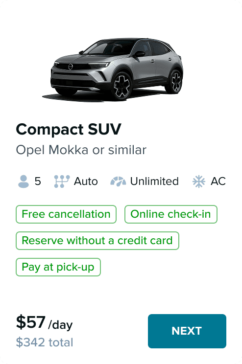 Compact SUV rental option, featuring Opel Mokka or similar, with price details and options for free cancellation, online check-in, and payment without a credit card