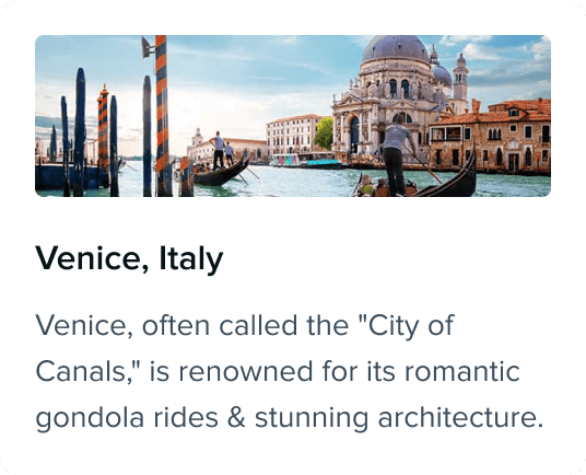 Travel card for Venice, Italy with image and description highlighting canals, gondola rides, and romantic architecture.