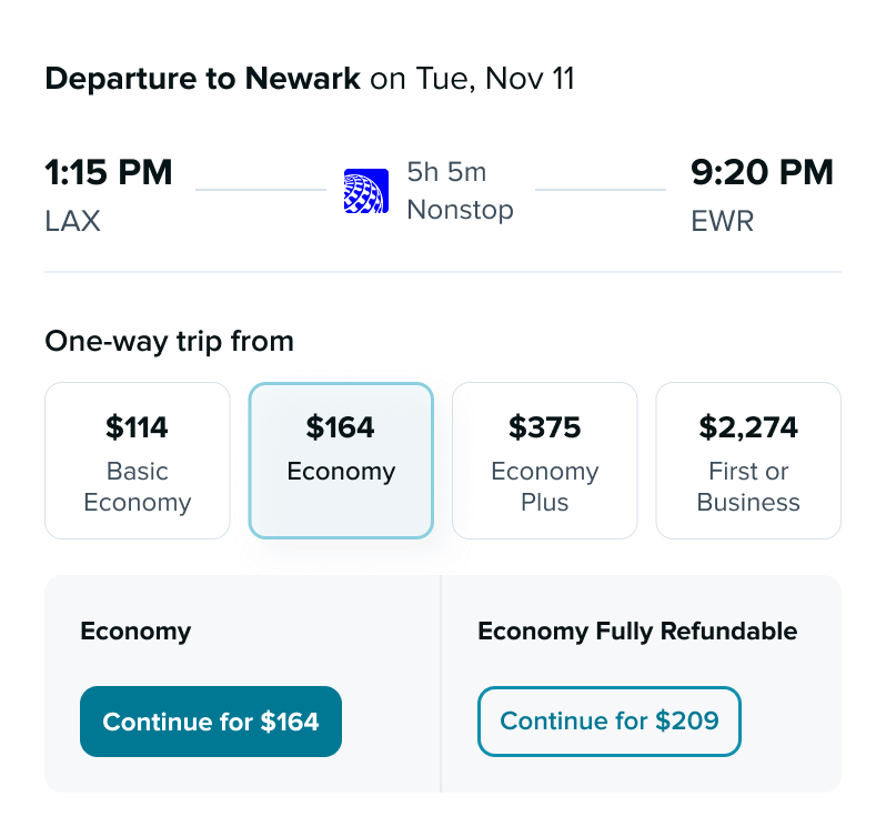 Flight booking page showing a one-way trip from LAX to EWR, with prices ranging from $114 for Basic Economy to $2,474 for First Class, and details on included benefits for each ticket type