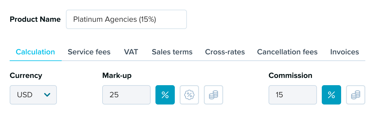 Admin interface for configuring product pricing with fields for currency (USD), markup percentage, and commission rate, along with navigation tabs for fees, VAT, and sales terms.