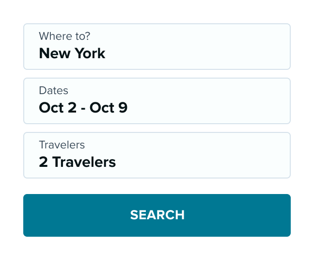 Search form interface with input fields for destination along with a search button.