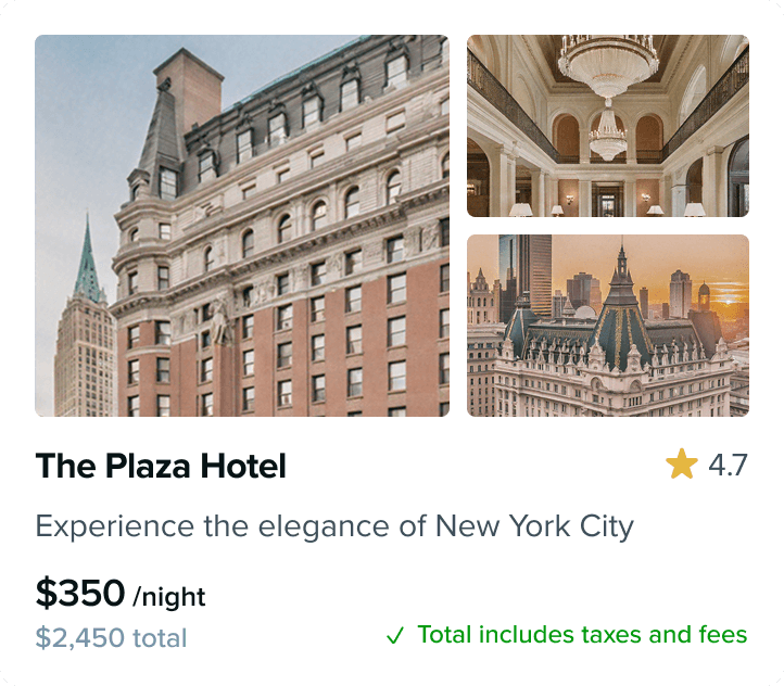 Hotel listing for “The Plaza Hotel” in New York City accompanied by exterior and interior photos.