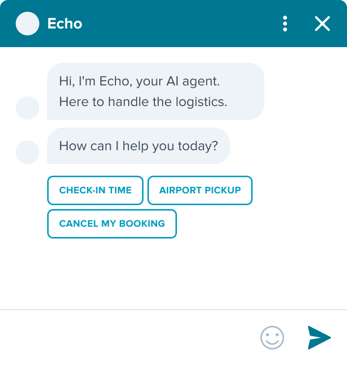 Chat widget interface with an AI assistant named Echo offering help options like check-in time, airport pickup, and cancel booking, with quick action buttons and message input.