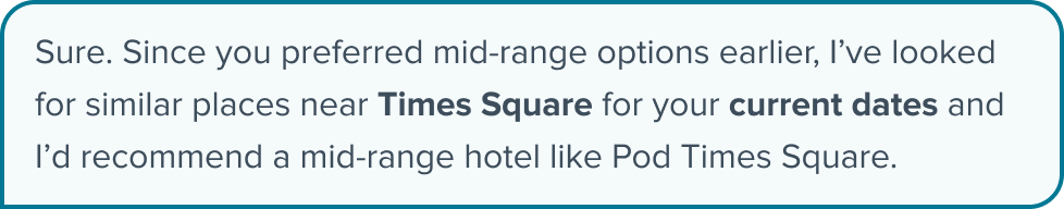 AI response suggesting a mid-range hotel near Times Square based on user preferences and current travel dates.