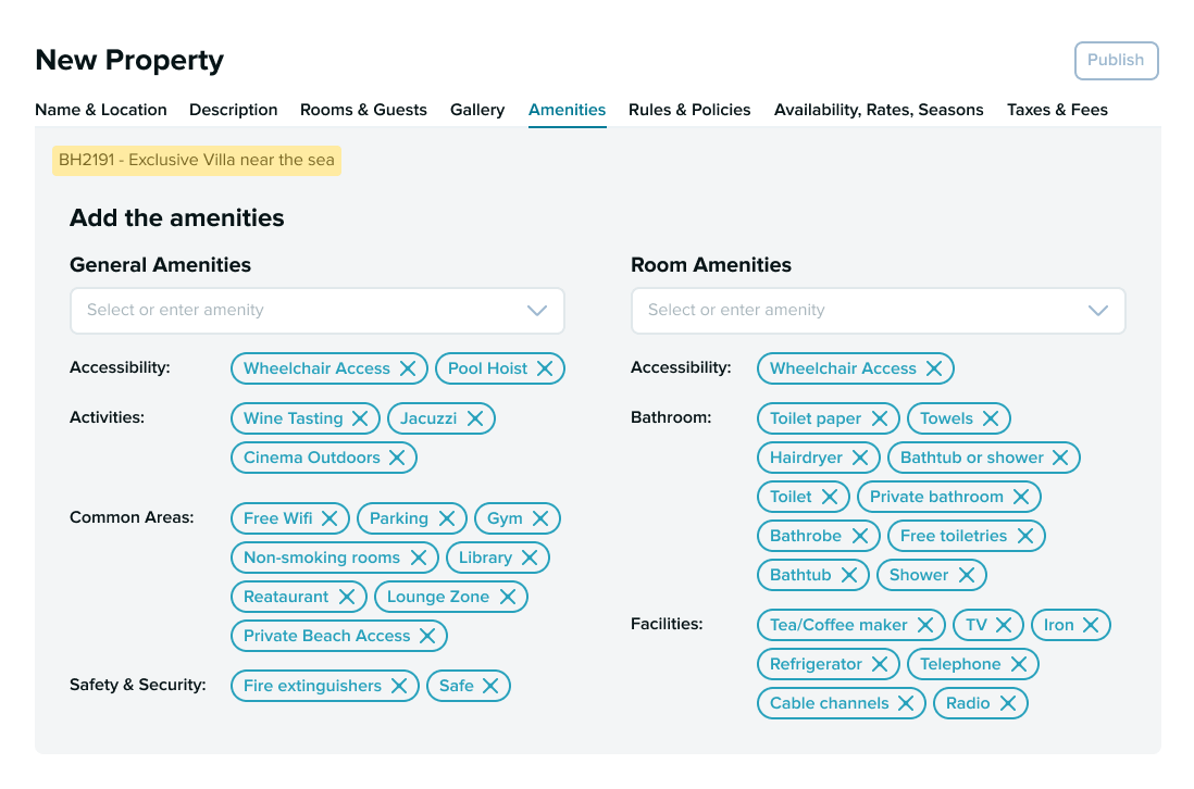 Property management interface showing the “Amenities” tab of a new listing form, with selectable tags for general and room amenities such as WiFi, parking, gym, wheelchair access, towels, TV, and safety features, along with a publish button.