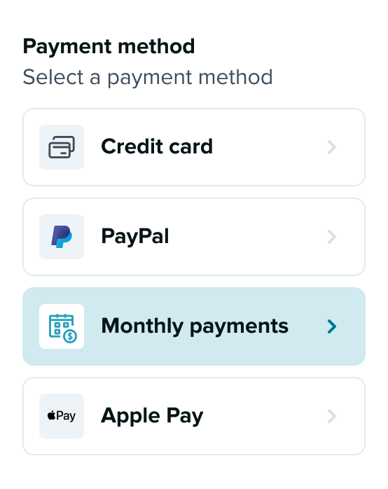  User interface showing multiple payment options: Credit card, PayPal, Apple Pay, and Monthly payments.