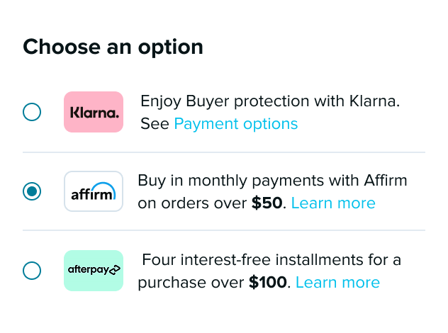 Installment payment options panel featuring Klarna, Affirm, and Afterpay, with Affirm selected for monthly payments.